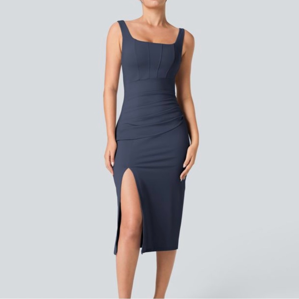 Halara Square Neck Corset Ruched Split Bodycon Midi Dress in Indigo